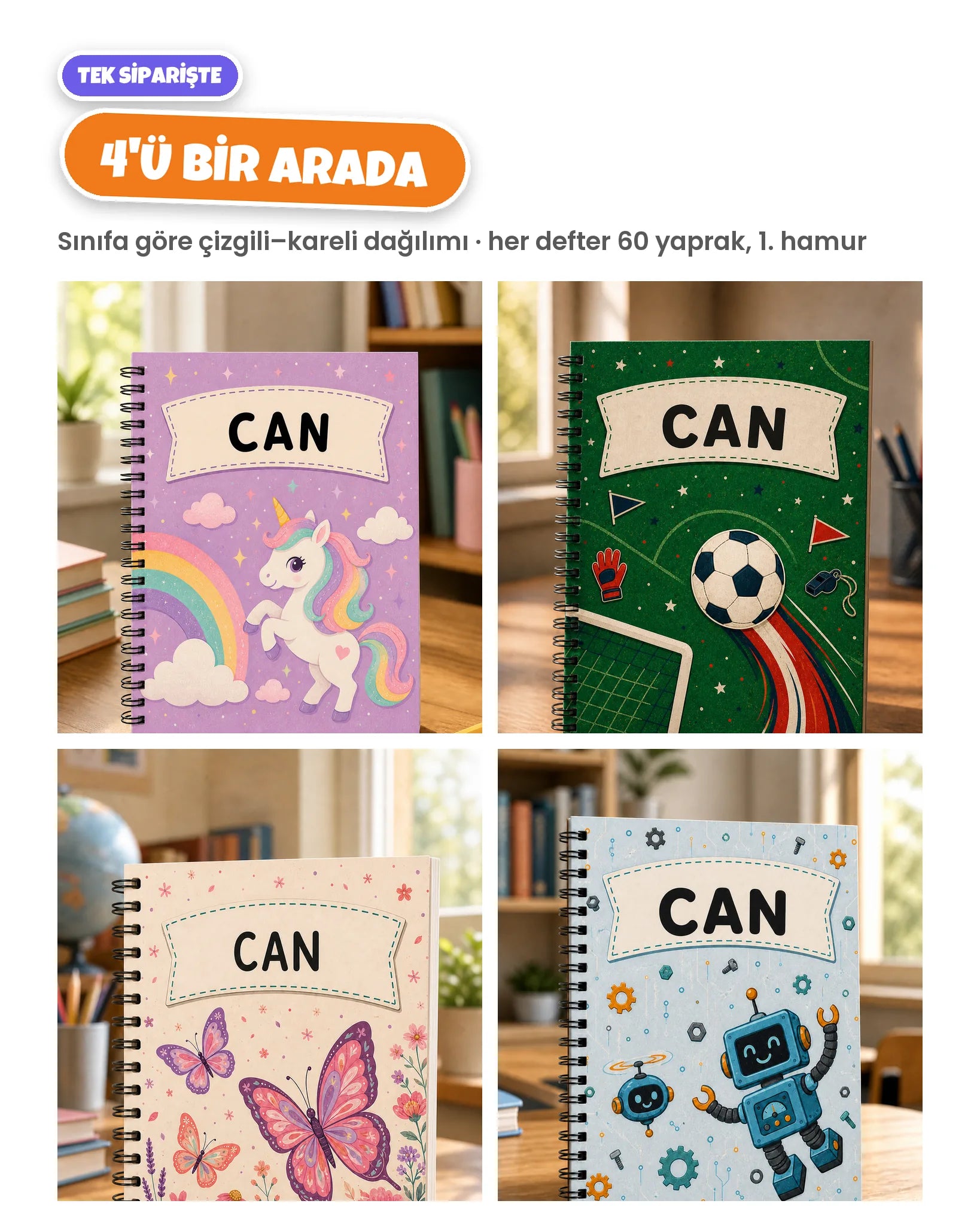 Dört defterlik set, sınıfa göre çizgili ve kareli dağılım