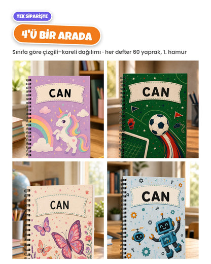 Dört defterlik set, sınıfa göre çizgili ve kareli dağılım