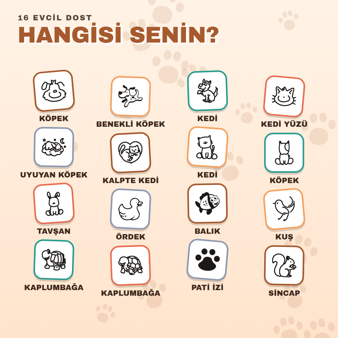 Evcil Dostlar kaşesi 16 ikon seçeneği