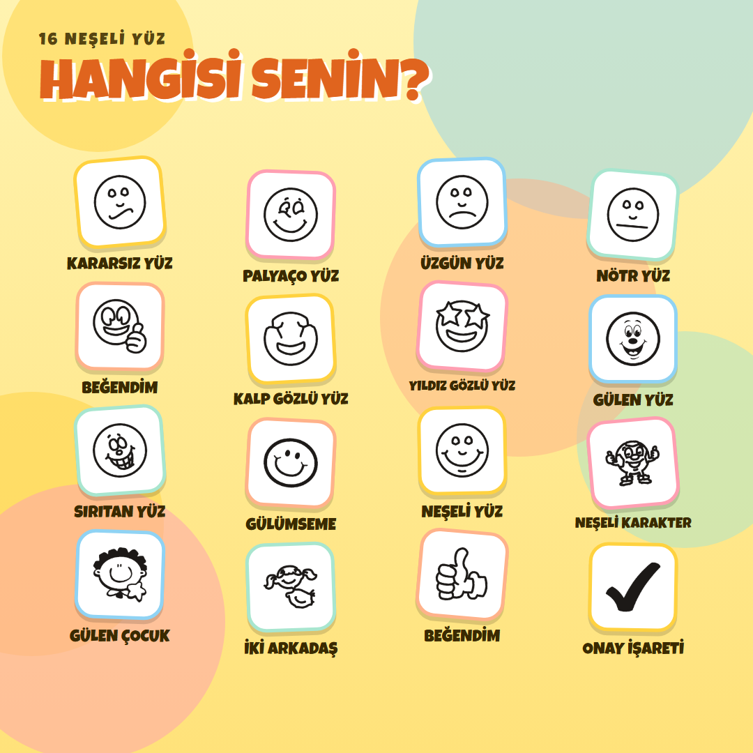 Neşeli Yüzler kaşesi 16 ikon seçeneği