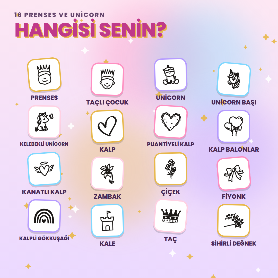 Prenses ve Unicorn kaşesi 16 ikon seçeneği