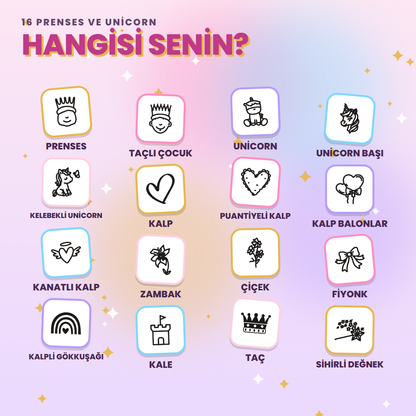 Prenses ve Unicorn kaşesi 16 ikon seçeneği