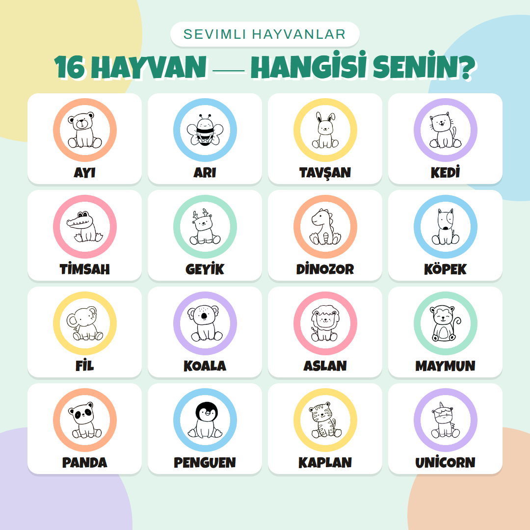 16 sevimli hayvan ikonu: ayı, arı, tavşan, kedi, timsah, geyik, dinozor, köpek, fil, koala, aslan, maymun, panda, penguen, kaplan, unicorn
