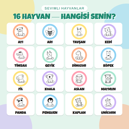 16 sevimli hayvan ikonu: ayı, arı, tavşan, kedi, timsah, geyik, dinozor, köpek, fil, koala, aslan, maymun, panda, penguen, kaplan, unicorn