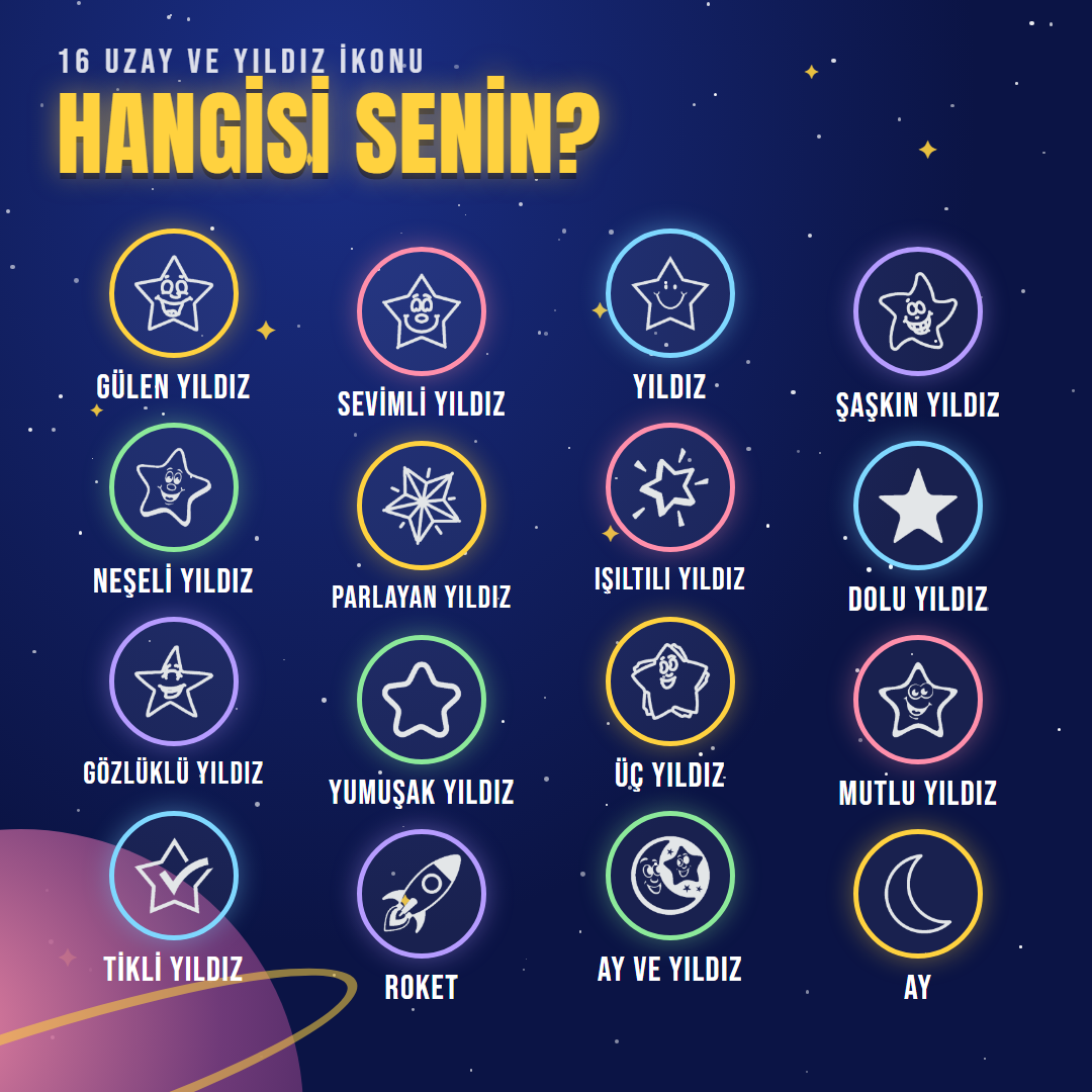 Uzay ve Yıldızlar kaşesi 16 ikon seçeneği