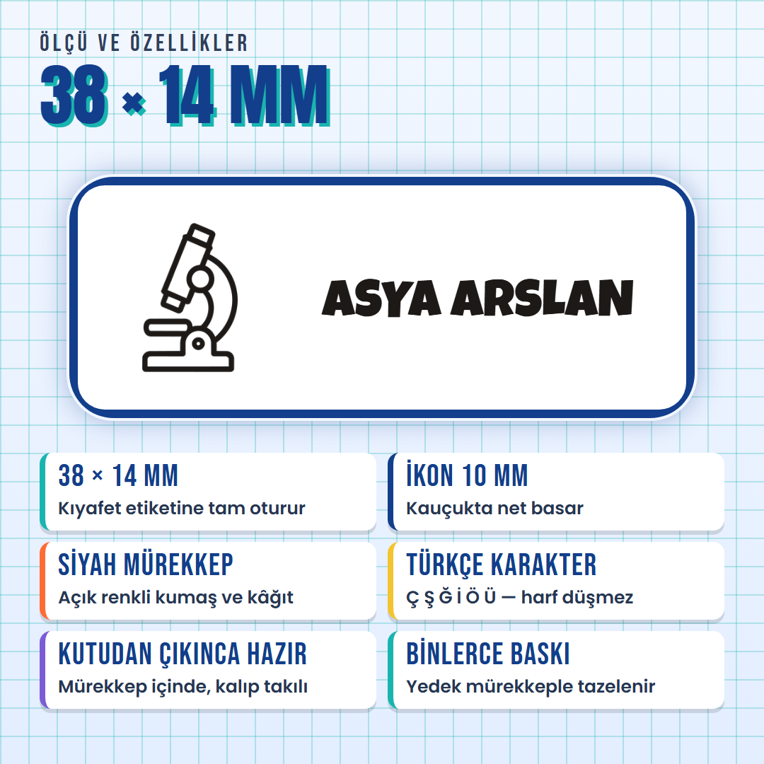38x14 mm çocuk isim kaşesi: ikon 10 mm, siyah mürekkep, Türkçe karakter, yedek mürekkep