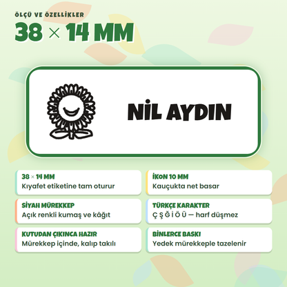 38x14 mm çocuk isim kaşesi: ikon 10 mm, siyah mürekkep, Türkçe karakter, yedek mürekkep