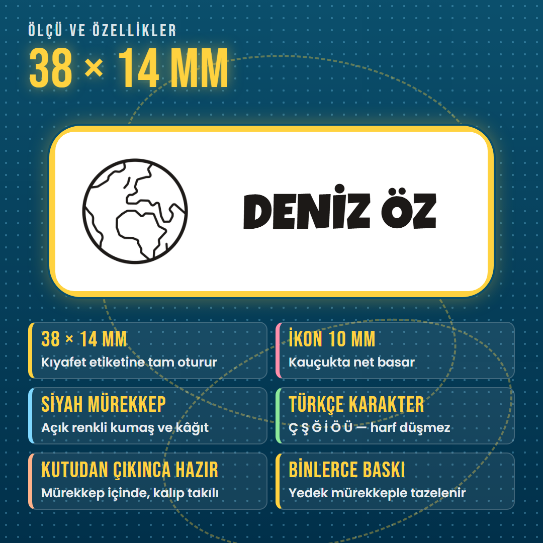 38x14 mm çocuk isim kaşesi: ikon 10 mm, siyah mürekkep, Türkçe karakter, yedek mürekkep