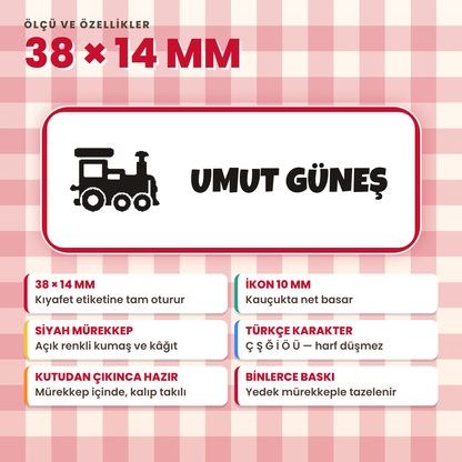 38x14 mm çocuk isim kaşesi: ikon 10 mm, siyah mürekkep, Türkçe karakter, yedek mürekkep