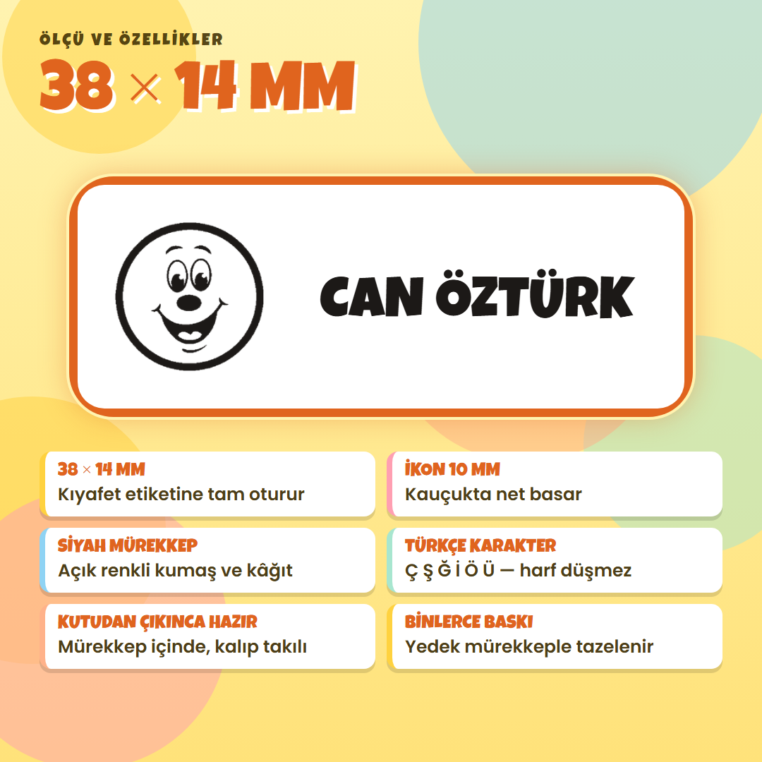 38x14 mm çocuk isim kaşesi: ikon 10 mm, siyah mürekkep, Türkçe karakter, yedek mürekkep
