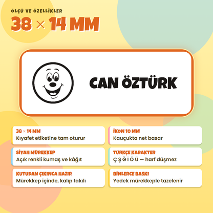 38x14 mm çocuk isim kaşesi: ikon 10 mm, siyah mürekkep, Türkçe karakter, yedek mürekkep