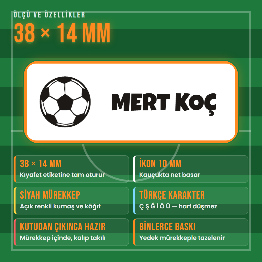 38x14 mm çocuk isim kaşesi: ikon 10 mm, siyah mürekkep, Türkçe karakter, yedek mürekkep