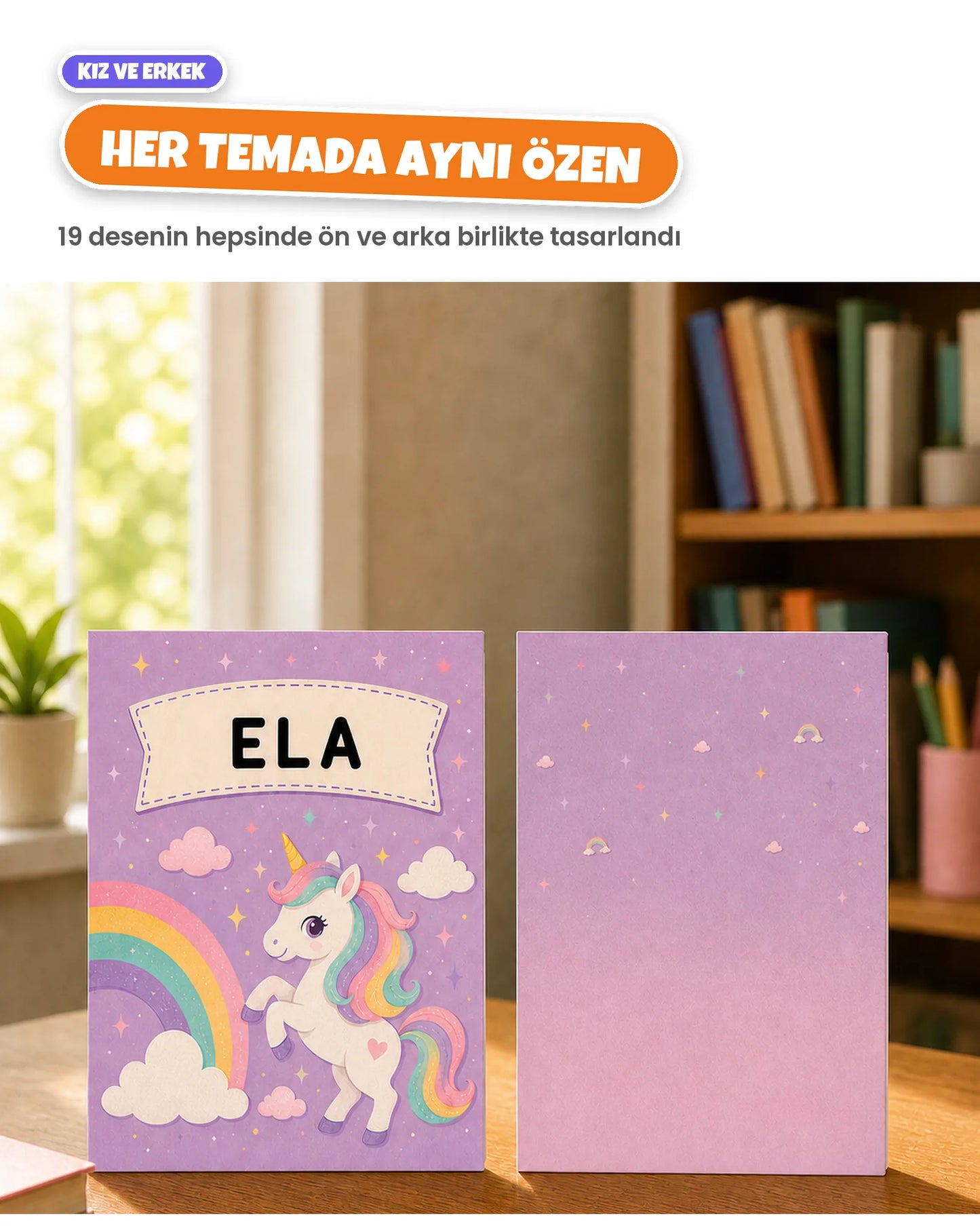 Unicorn desenli defterin ön ve arka kapağı, kapakta çocuğun adı