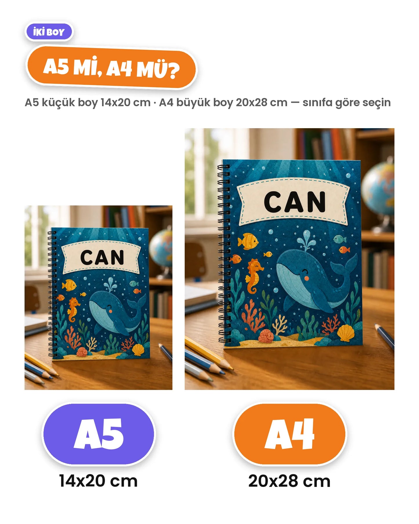 A5 14x20 cm ve A4 20x28 cm defter boyları yan yana