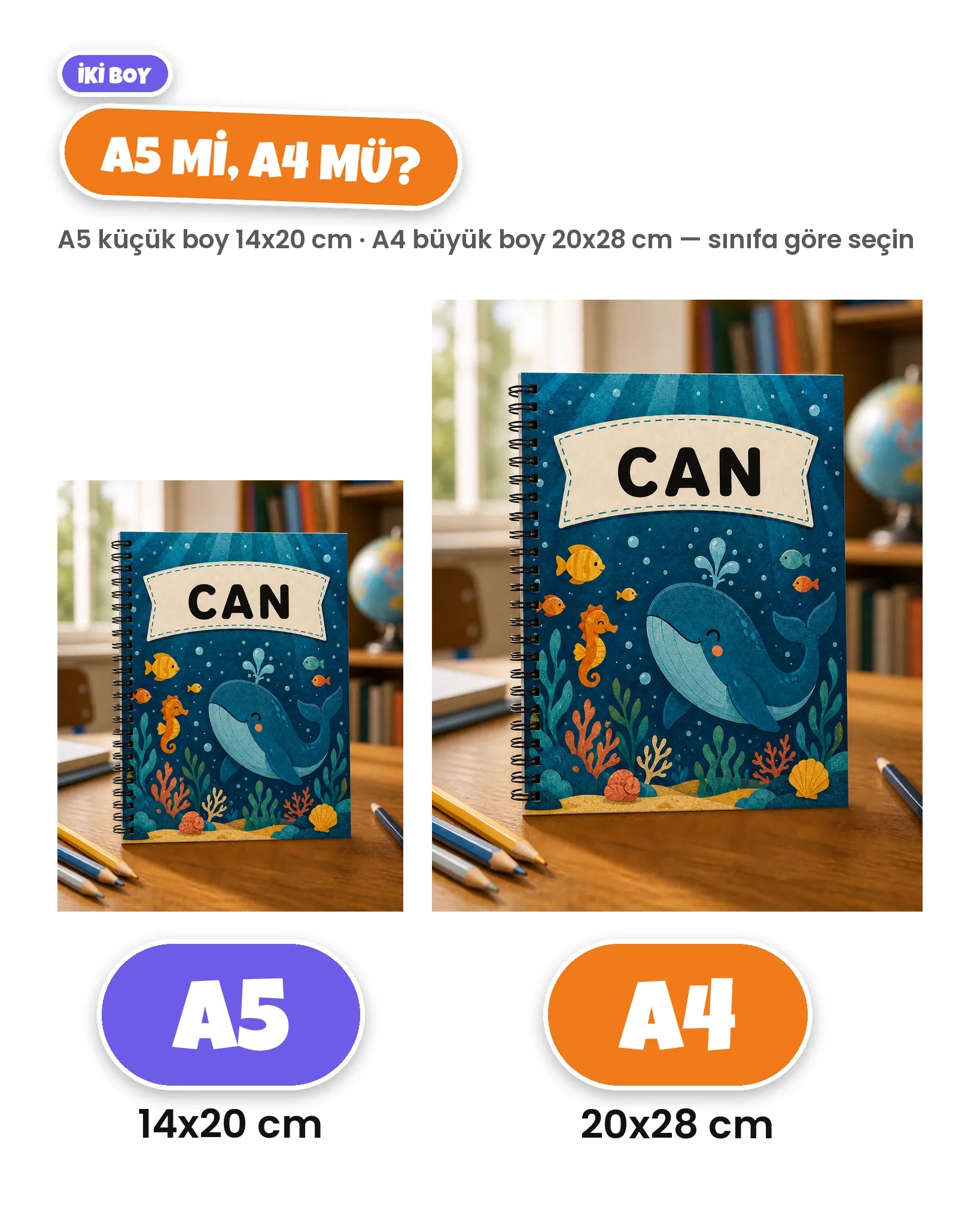 A5 14x20 cm ve A4 20x28 cm defter boyları yan yana