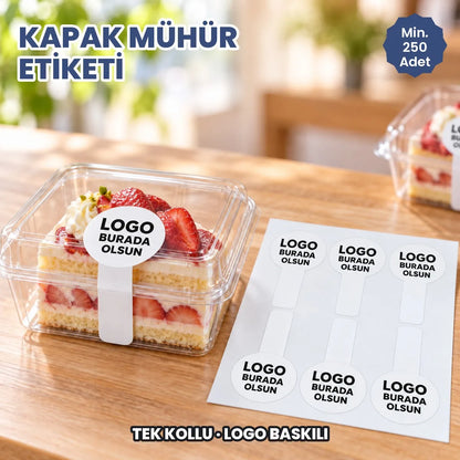 Kapak mühür etiketi: şeffaf tatlı kabının kapağını gövdeye bağlayan tek kollu logo baskılı etiket