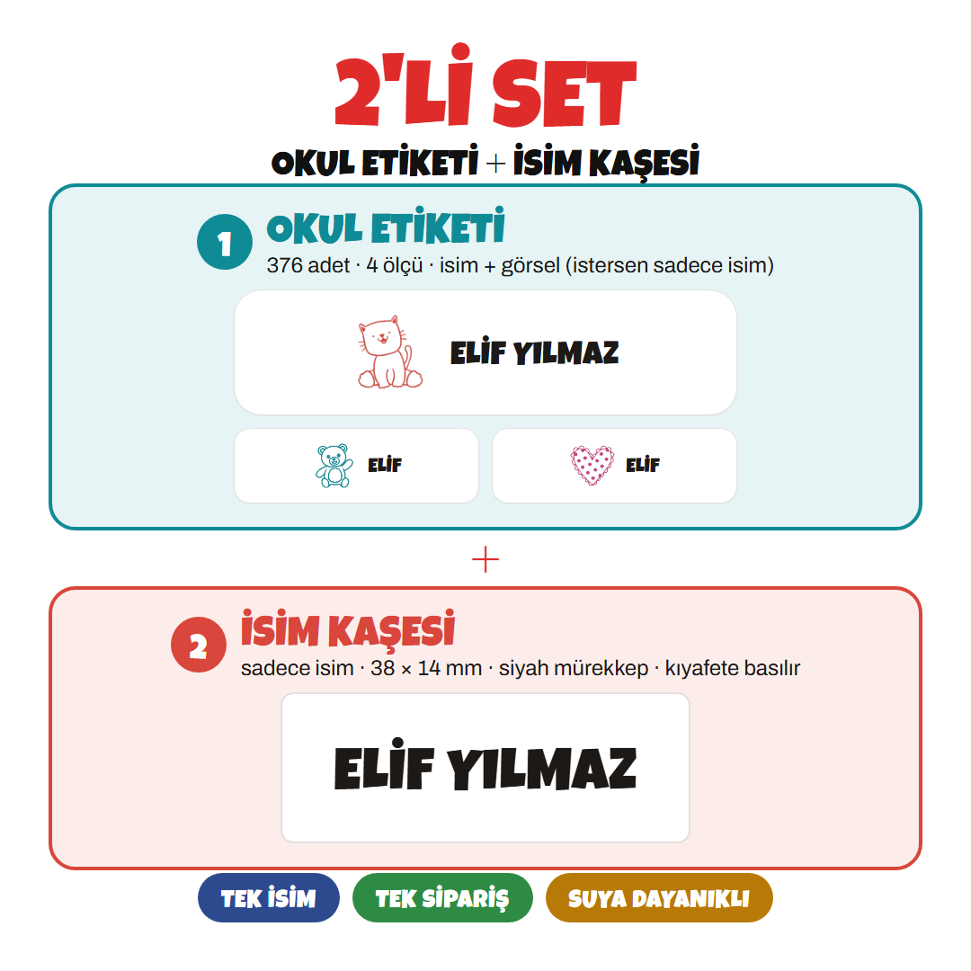 Okul Seti – İsimli veya Resimli Okul Etiketi ve Çocuk İsim Kaşesi