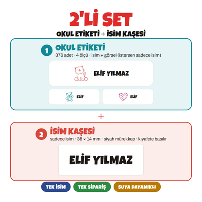 Okul Seti – İsimli veya Resimli Okul Etiketi ve Çocuk İsim Kaşesi