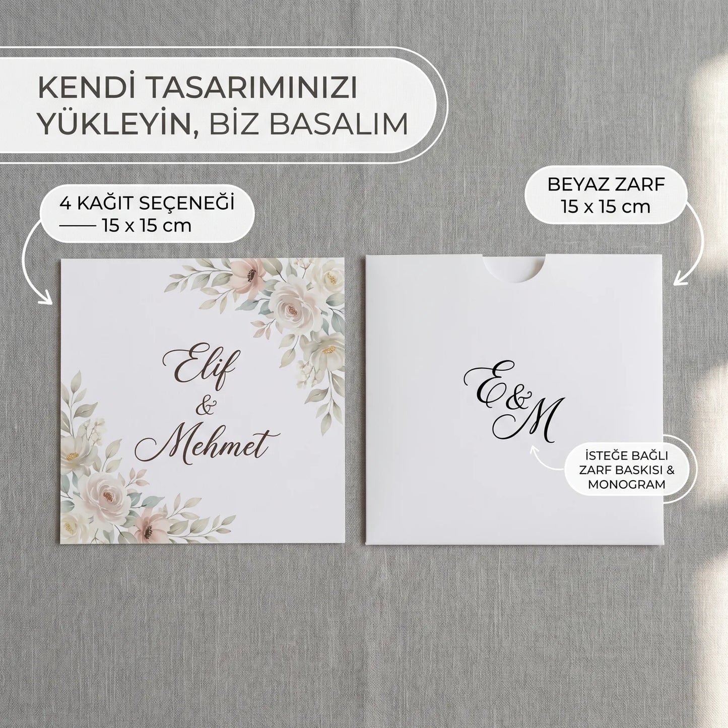 Davetiye Baskı 15x15 cm Beyaz Zarflı | 4 Kağıt Seçeneği