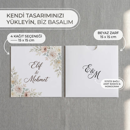 Davetiye Baskı 15x15 cm Beyaz Zarflı | 4 Kağıt Seçeneği