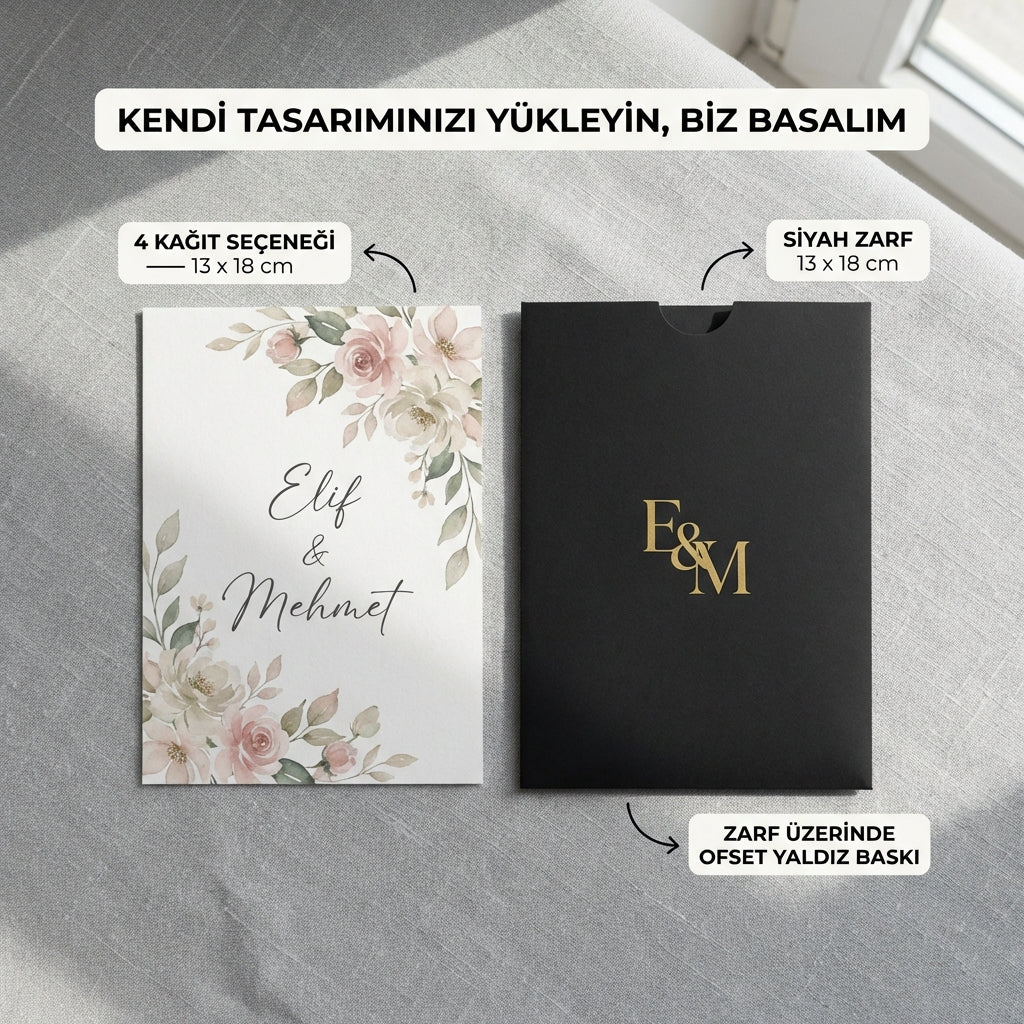 Davetiye Baskı 13x18 cm Siyah Zarflı | 4 Kağıt Seçeneği