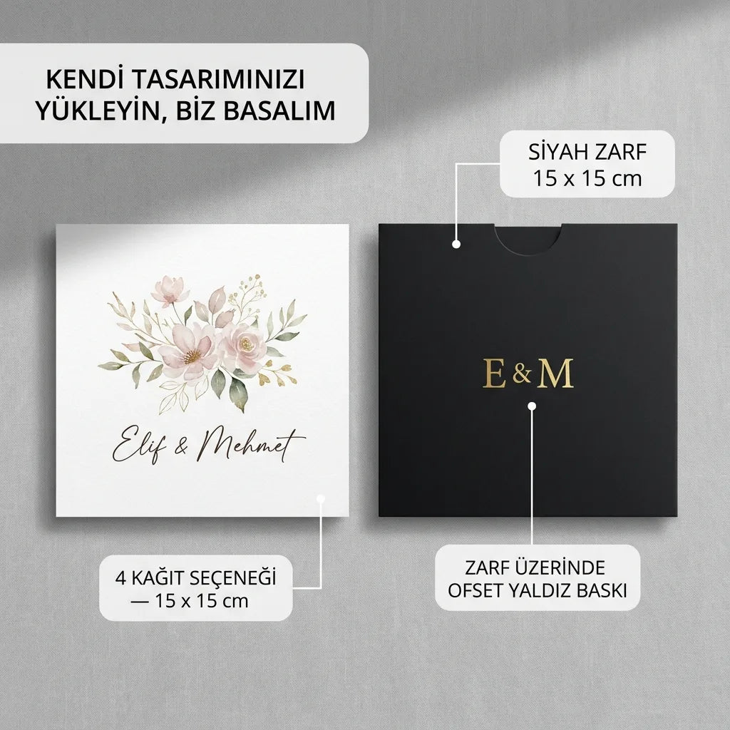 Davetiye Baskı 15x15 cm Siyah Zarflı | 4 Kağıt Seçeneği