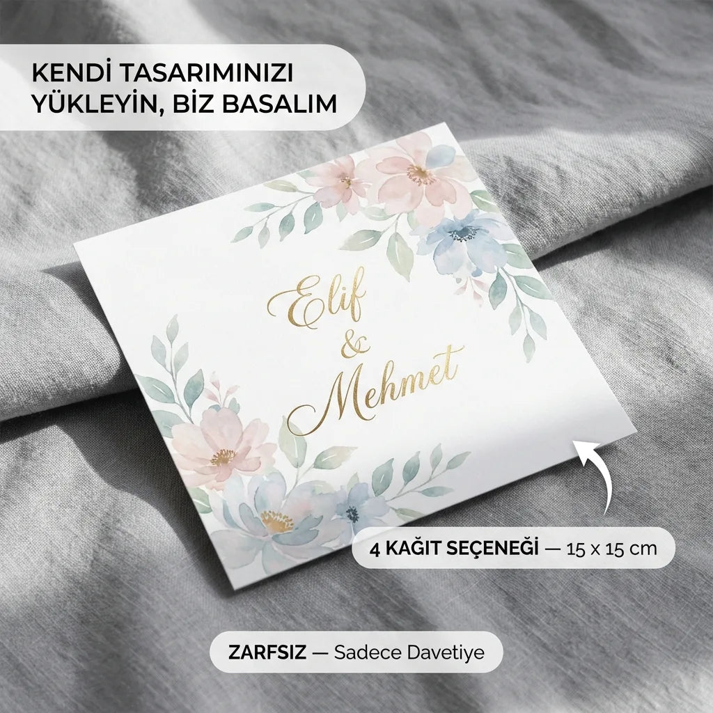 Davetiye Baskı 15x15 cm Zarfsız | 4 Kağıt Seçeneği