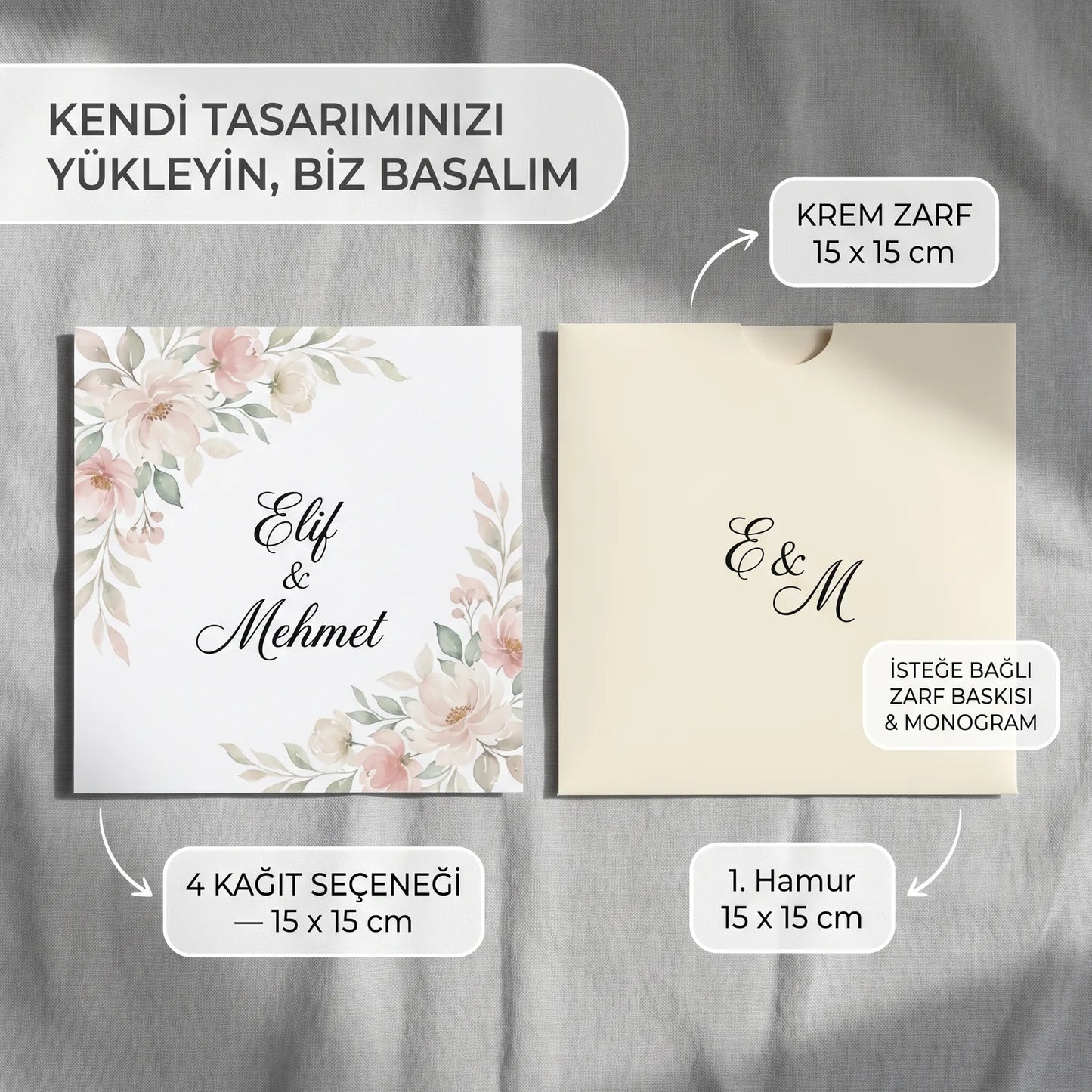 Davetiye Baskı 15x15 cm Krem Zarflı | 4 Kağıt Seçeneği