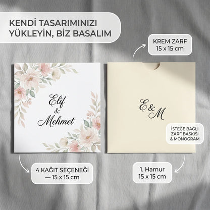 Davetiye Baskı 15x15 cm Krem Zarflı | 4 Kağıt Seçeneği