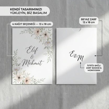 Davetiye Baskı 13x18 cm Beyaz Zarflı | 4 Kağıt Seçeneği