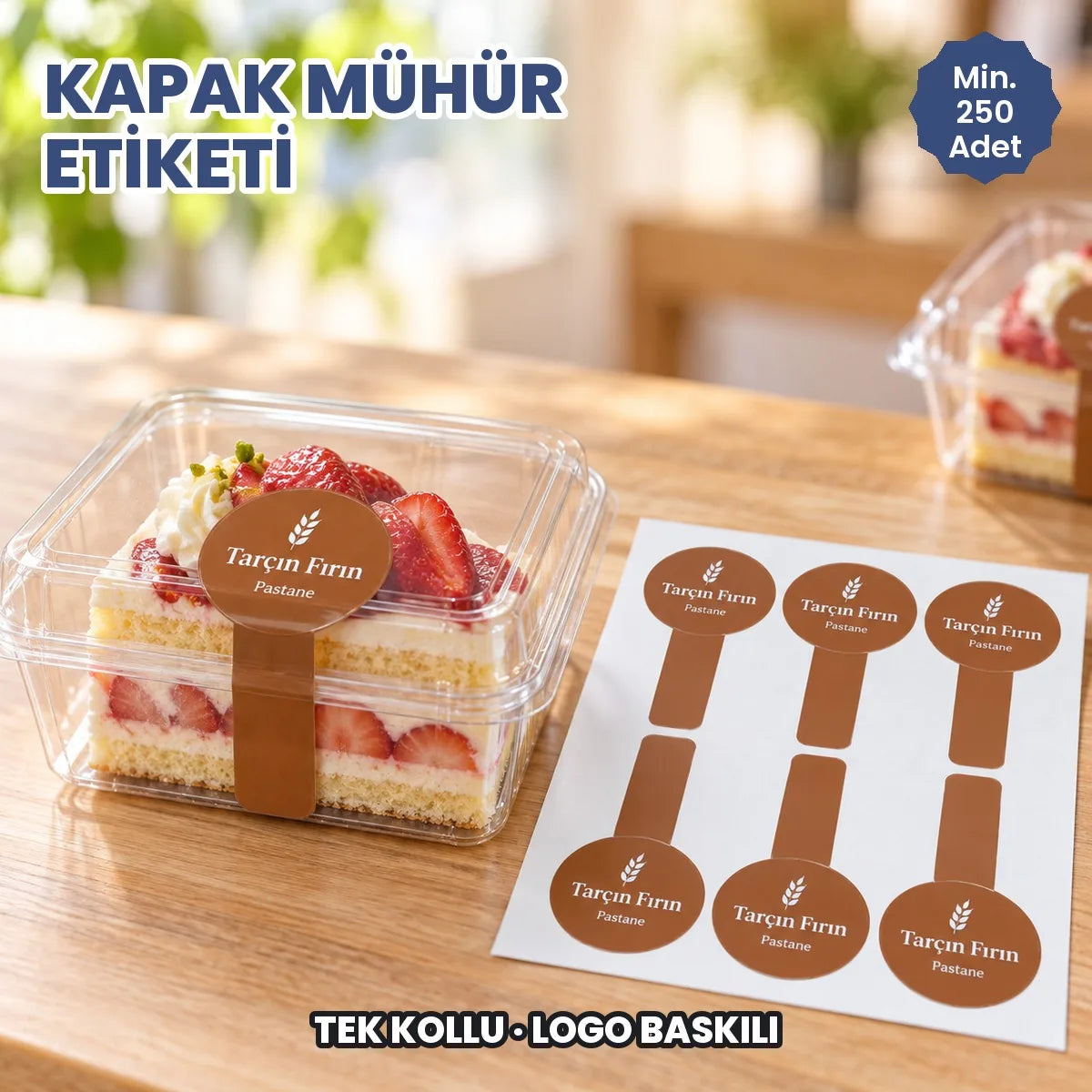 Pastane dilim pasta kutusunda logo baskılı kapak mühür etiketi ve etiket tabakası