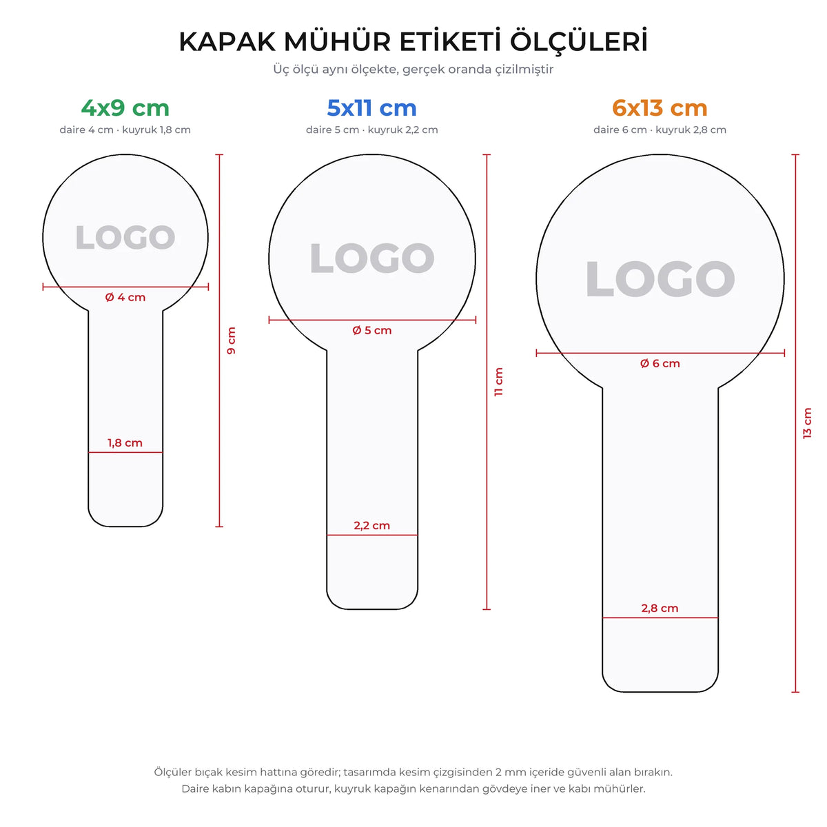 Kapak mühür etiketi ölçüleri: 4x9, 5x11 ve 6x13 cm; daire çapı, kuyruk eni ve toplam boy