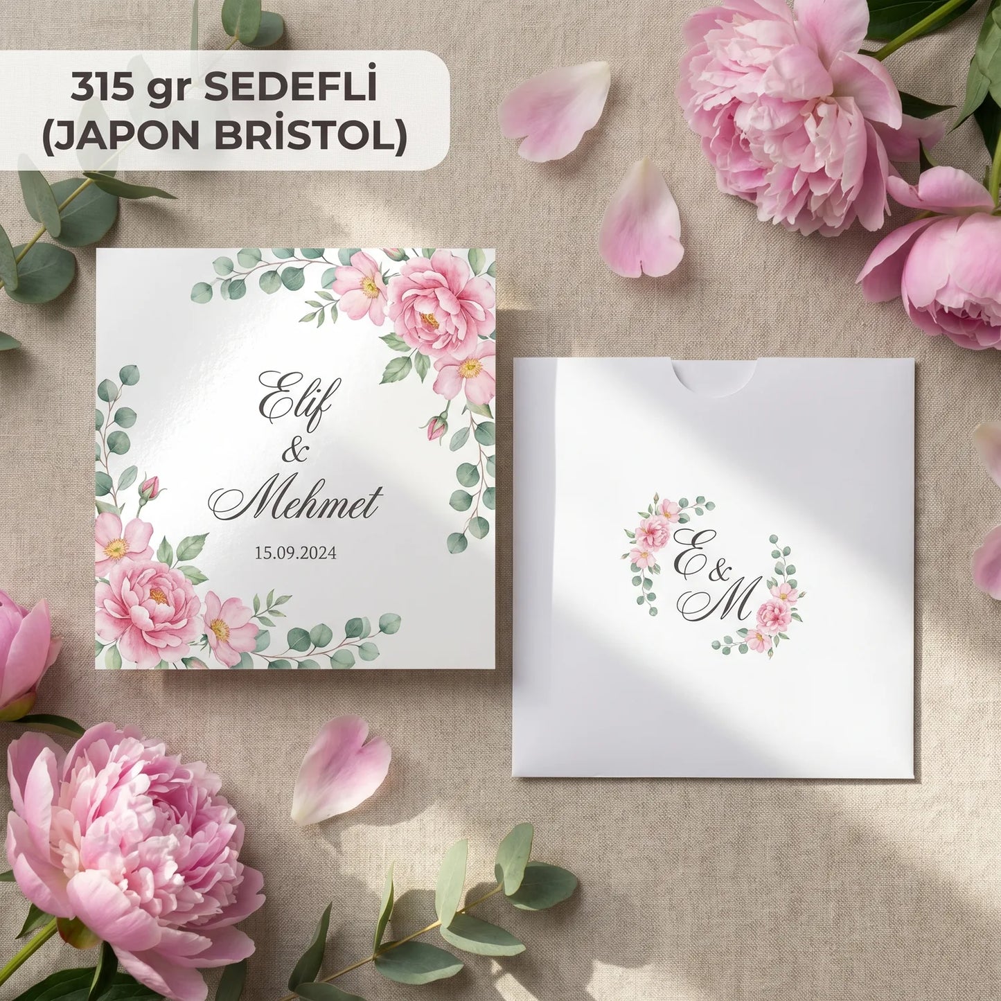 Davetiye Baskı 15x15 cm Beyaz Zarflı | 4 Kağıt Seçeneği