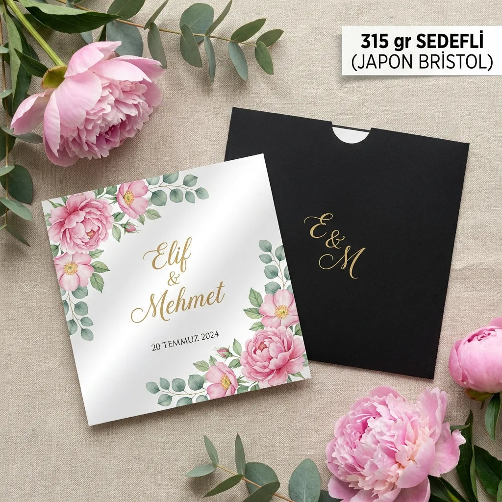 Davetiye Baskı 15x15 cm Siyah Zarflı | 4 Kağıt Seçeneği