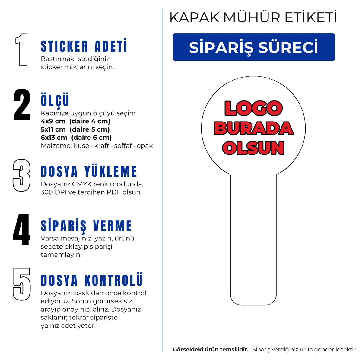 Kapak mühür etiketi sipariş süreci: adet, ölçü, malzeme, dosya yükleme ve dosya kontrolü
