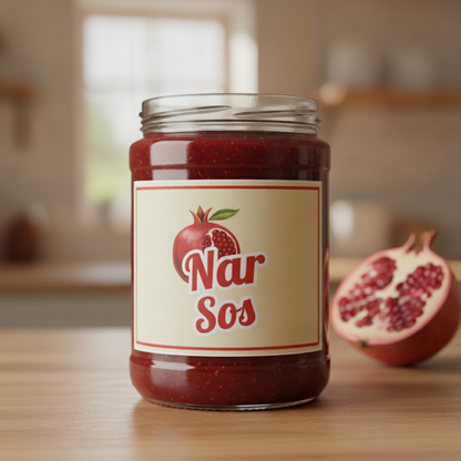 Nar sos kavanozunda özel kesim kuşe etiket — canlı renkli die-cut logo etiketi