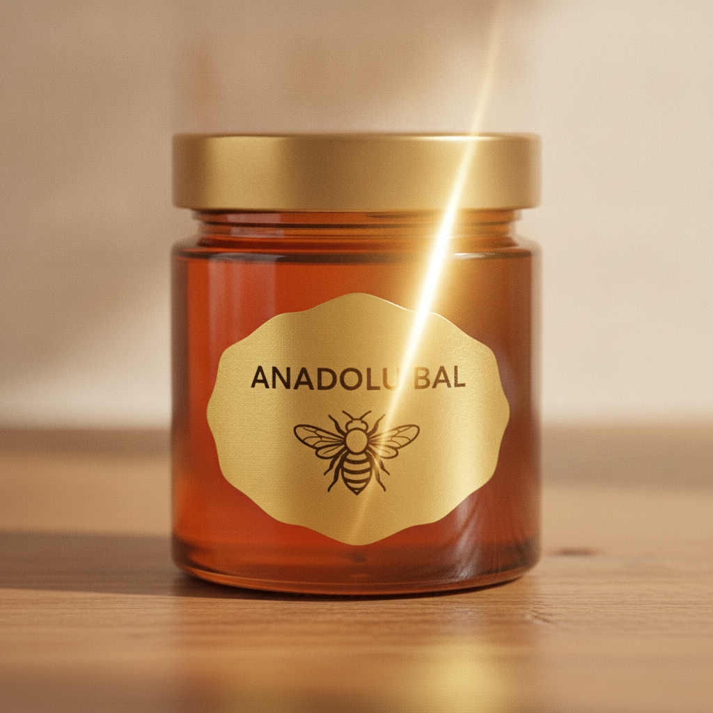 Bal kavanozunda altın metalize sticker — parlak folyo logo etiketi, premium gıda ambalajı