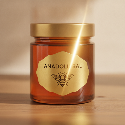 Bal kavanozunda altın metalize sticker — parlak folyo logo etiketi, premium gıda ambalajı