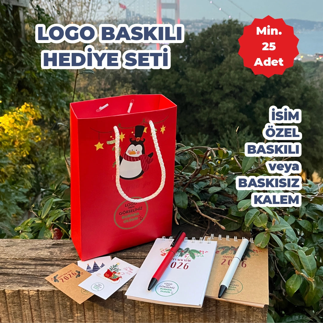 Yılbaşı Hediye Seti – Logo Baskılı Karton Çanta, Tebrik Kartı, Roller Kalem ve Spiralli Defter