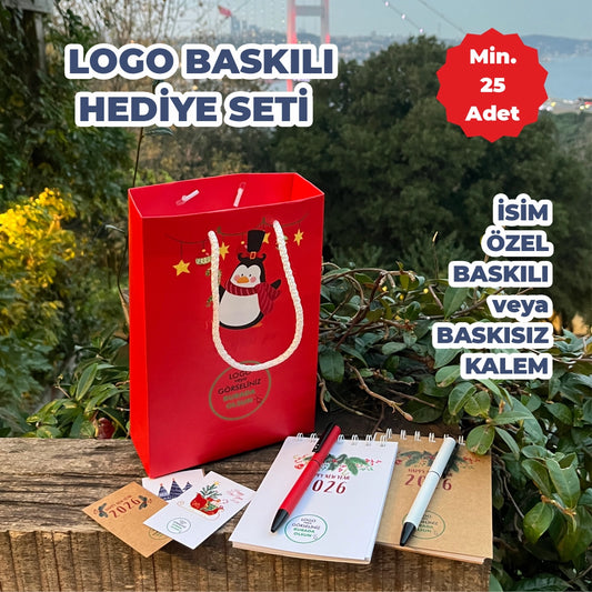 Yılbaşı Hediye Seti – Logo Baskılı Karton Çanta, Tebrik Kartı, Roller Kalem ve Spiralli Defter