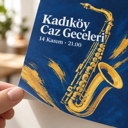Afiş poster yakın plan: canlı renkli baskı, net yazı ve mat kuşe kâğıt yüzeyi