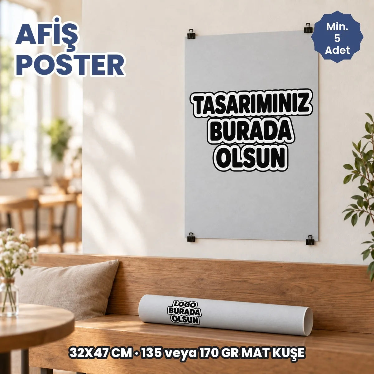 Afiş poster: logonuzun basılacağı alanları gösteren örnek görsel, logo burada olsun
