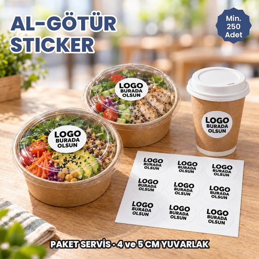 Al-götür sticker: logonuzun basılacağı yuvarlak paket servis etiketi kâse kapağında, kahve bardağında ve tabakada