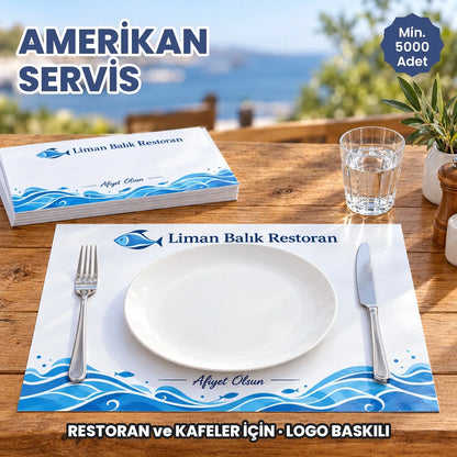 Amerikan servis baskı: restoran masasında tabağın altında logo baskılı kâğıt amerikan servis ve servis destesi