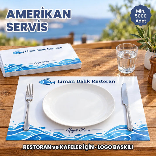 Amerikan servis baskı: restoran masasında tabağın altında logo baskılı kâğıt amerikan servis ve servis destesi