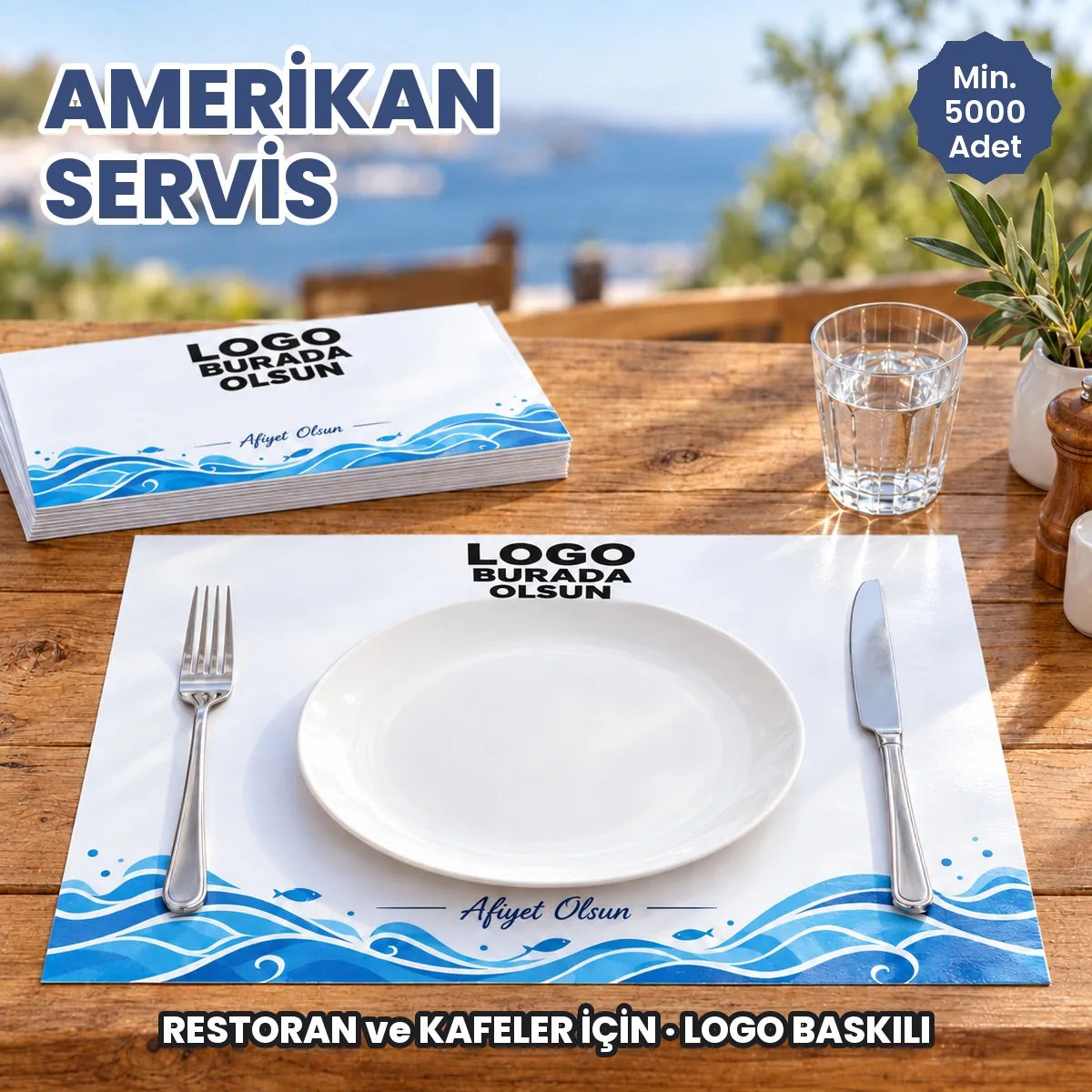Amerikan servis baskı: logonuzun basılacağı 43x31 cm kâğıt amerikan servis restoran masasında