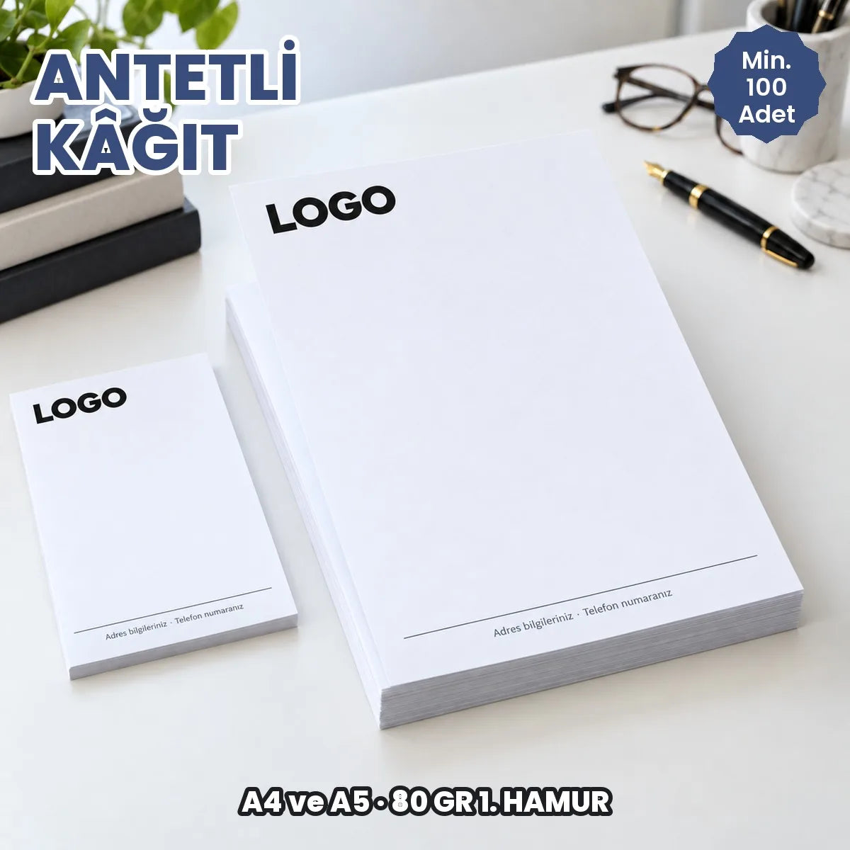 Antetli kâğıt baskı: üst köşesine logonuzun, altına adres bilgilerinizin basılacağı A4 ve A5 antetli kâğıtlar