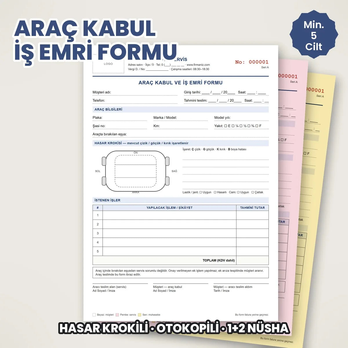 Araç kabul ve iş emri formu, hasar krokili otokopili koçan, oto servis için firma logolu