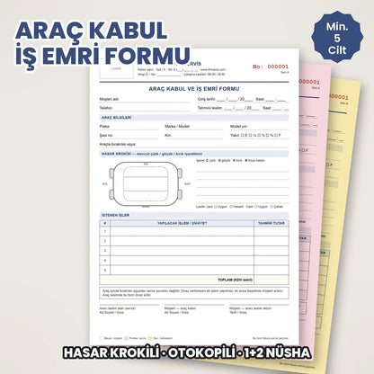 Araç kabul ve iş emri formu, hasar krokili otokopili koçan, oto servis için firma logolu
