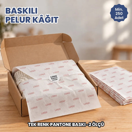 Baskılı pelur kâğıt: logonuzun tek renk tekrarlı basılacağı ince ambalaj kâğıdı kargo kutusunda ürünü sarıyor